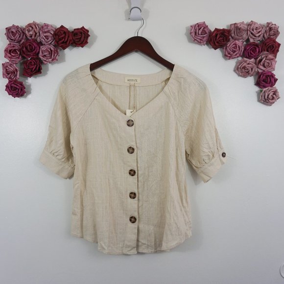 Roolee Tops - Roolee beige linen blend button down top